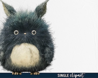Woodland fantasy creatures, black fluffy forest monster, watercolour clipart PNG, whimsical critter illustration, enchanted rustic fairytale