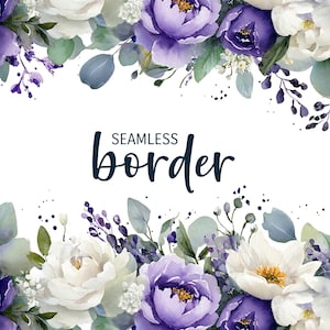 Violet et blanc, bordure florale transparente aquarelle, clipart d'invitation de mariage PNG, motif de fleurs blanches lavande, illustration botanique