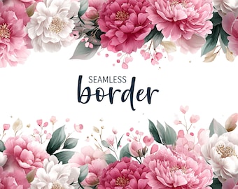 Dusty pink and sage peonies, watercolour seamless floral border, wedding invitation clipart PNG, romantic flower pattern, botanical tile