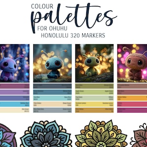 May include: Image shows colour palettes for Ohuhu Honolulu 320 markers. The palettes are presented with illustrations of charming alien-like creatures. Each palette includes a range of colours, with the text "Colour Palettes" at the top.