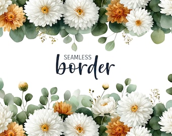 Cream and honey chrysanthemums, watercolour seamless floral border, romantic wedding invitation clipart PNG, white gold flower pattern
