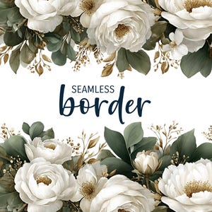 Perle und Kiefer, nahtloser Blumenrand des Aquarells, Vintage-Hochzeitseinladung Clipart PNG, weiß grünes Blumenmuster, botanische Fliese