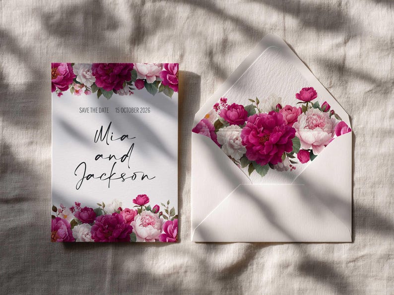 May include: A white wedding invitation and envelope set, adorned with a floral design of pink and white peonies. The invitation reads "Save the Date 15 October 2026" and "Mia and Jackson" in script. Wedding stationery.