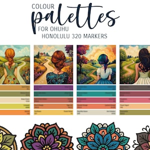Pode incluir: Imagem com paletas de cores para marcadores Ohuhu Honolulu 320. As paletas são exibidas com pinturas em aquarela de mulheres caminhando em caminhos. Abaixo de cada pintura, há amostras de cores. Desenhos de mandala decorativos na parte inferior.