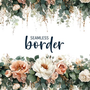Könnte beinhalten: Aquarell-Blumenbordüre mit weißen, pfirsichfarbenen und rosa Blüten, grünem Laub und goldenen Akzenten. Der Text "SEAMLESS border" ist in dunkler blauer Schrift geschrieben.