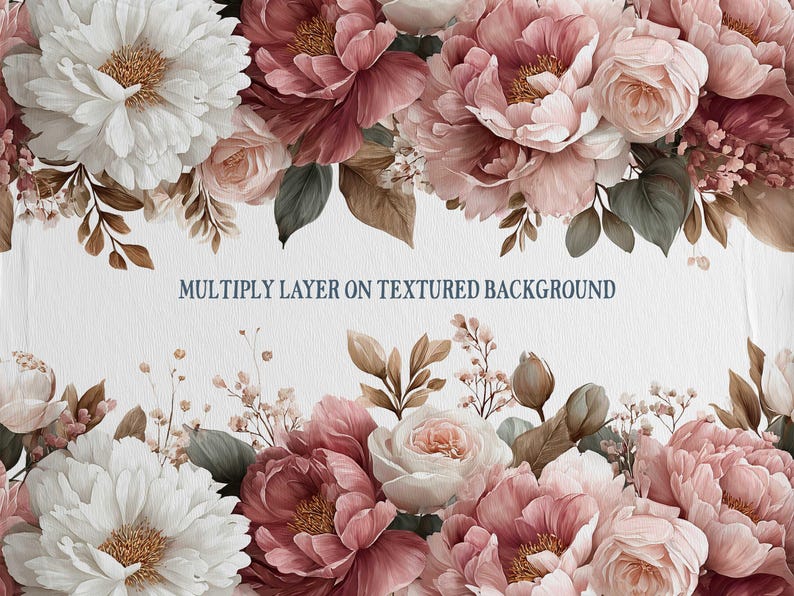 May include: A floral design featuring white, pink, and burgundy peonies and roses. The flowers are arranged against a textured white background. The text "MULTIPLY LAYER ON TEXTURED BACKGROUND" is displayed in a dark blue font.