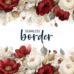 Granate y arena, borde floral sin costuras de acuarela, clipart PNG de invitación de boda atemporal, patrón de flores blancas rojas, mosaico botánico
