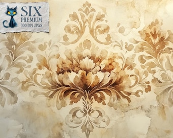 Sunworn Schriftrolle, Aquarell Damast Clipart, vintage Seiten, Kaffeeflecken, Schablonen Collage, beige Gold Papiere, elegant, jpg