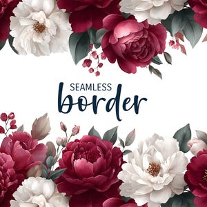 Scharlachrot und Schnee, Aquarell nahtlose Blumenbordüre, Hochzeitseinladung Clipart PNG, Vintage-Stil rote weiße Pfingstrosen Blumenmuster
