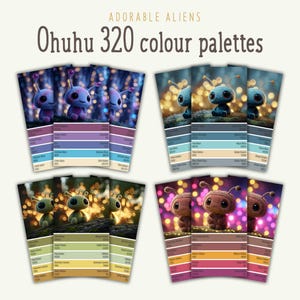 May include: A selection of Ohuhu 320 colour palettes with cute alien designs. Each palette displays a unique colour scheme, with the text "ADORABLE ALIENS" and "Ohuhu 320 colour palettes" at the top.