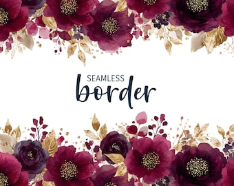 Burgundy and gold, watercolor seamless floral border, modern wedding invitation clipart PNG, dark red flower pattern, botanical illustration
