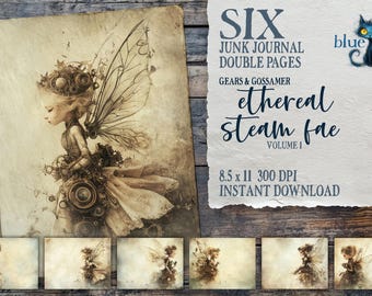 Ethereal Steampunk Fairy Fae Vol 1 junk journal pages, industrial mechanical Victorian fairies, vintage inspired digital download, printable