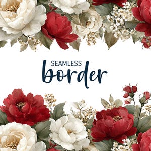 Rouge rustique et ivoire, bordure florale transparente aquarelle, clipart d'invitation de mariage vintage PNG, motif de fleurs blanches rouges, carreau botanique