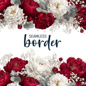 Puede incluir: Un diseño de borde floral sin costuras con peonías borgoña, flores blancas y ramitas de paniculata. El texto "SEAMLESS border" está en una escritura azul oscuro. La disposición se establece sobre un fondo blanco, creando un aspecto clásico y elegante.