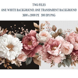 May include: Digital floral design with a bouquet of peonies and other flowers in white, pink, and burgundy. The image is split, with one side on a black background and the other on a transparent background. Text at the top reads: TWO FILES, ONE WHITE BACKGROUND, ONE TRANSPARENT BACKGROUND, 3600 x 2000 PX 300 DPI PNG.