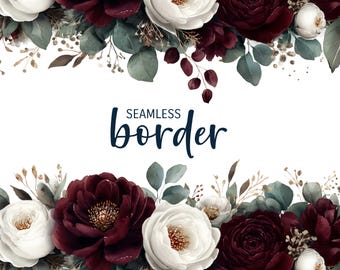 Deep red and eucalypt, watercolor seamless floral border, romantic invitation clipart PNG, roses flower pattern, botanical illustration tile