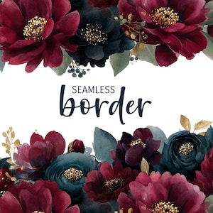 Maroon and deep teal, watercolour seamless floral border, modern wedding invitation clipart PNG, moody rose peony pattern, botanical tile