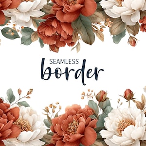 Terracota e sálvia, borda floral perfeita em aquarela, convite de casamento romântico clipart PNG, padrão de flor verde ferrugem, azulejo botânico