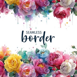 Rainbow roses, watercolour seamless floral border, wedding invitation clipart PNG, pink yellow blue purple flower pattern, shabby vintage