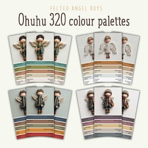 Op de afbeelding: De afbeelding toont vier sets kleurenpaletten, elk met een vilten engelenfiguur. De tekst "FELTED ANGEL BOYS" en "Ohuhu 320 colour palettes" staan bovenaan. Elk palet toont een reeks kleuren, met de engelenfiguren erboven.