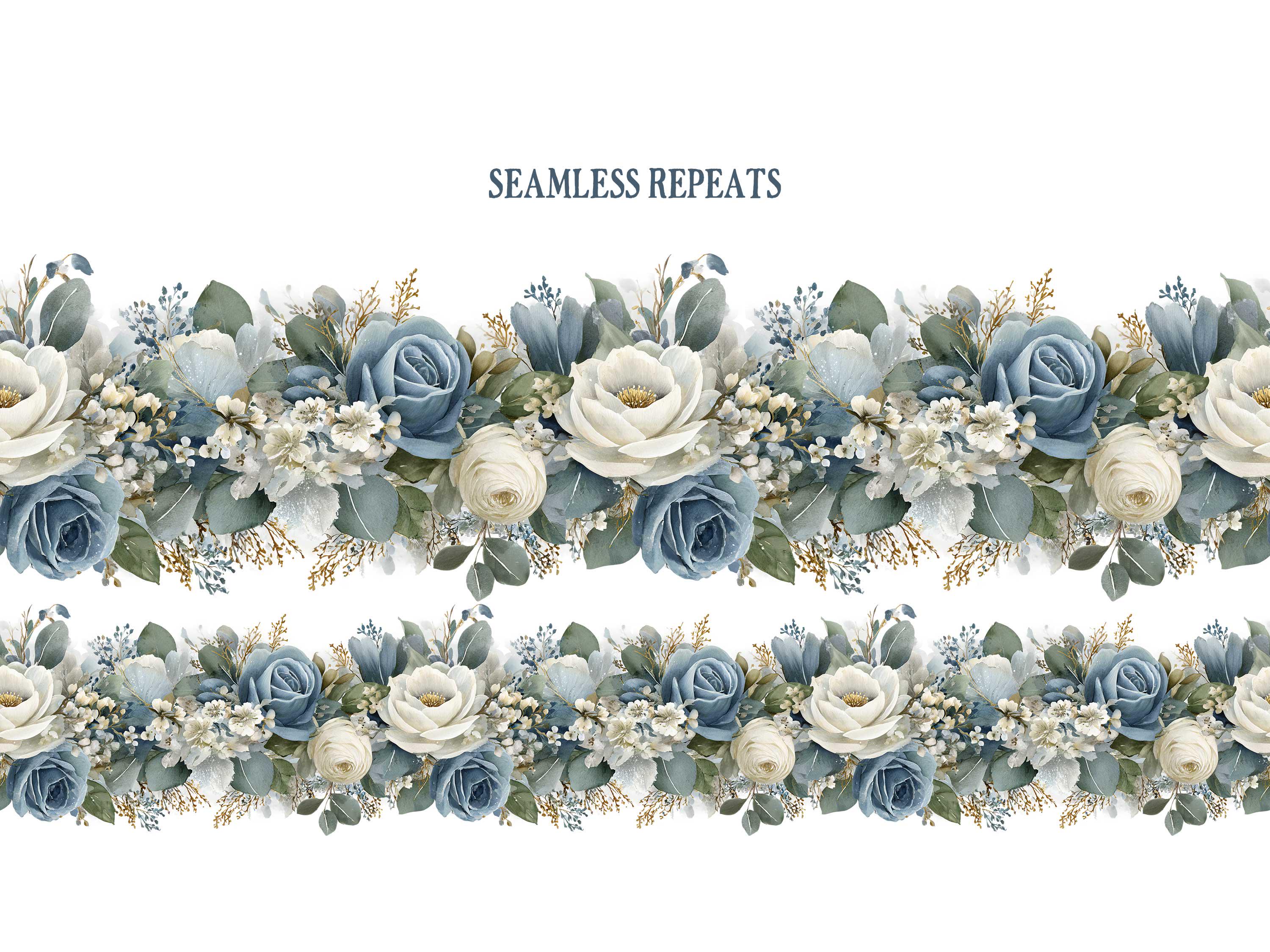 Dusty Blue and Winter White, Watercolor Seamless Floral Border ...