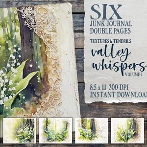 Valley Whispers Vol 1, journal indésirable du muguet, aquarelles botaniques, pages de dentelle florale, collage nature, scrapbooking shabby chic