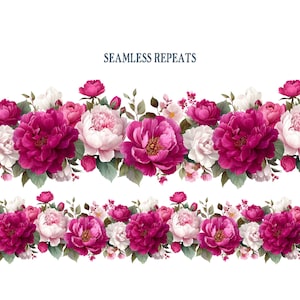 May include: A floral border design featuring vibrant magenta and white peonies, accented with green leaves and buds. The words "SEAMLESS REPEATS" are displayed above the floral arrangement. The design is repeated in two rows.