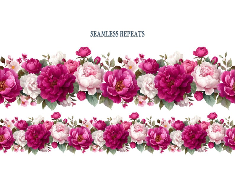 May include: A floral border design featuring vibrant magenta and white peonies, accented with green leaves and buds. The words "SEAMLESS REPEATS" are displayed above the floral arrangement. The design is repeated in two rows.