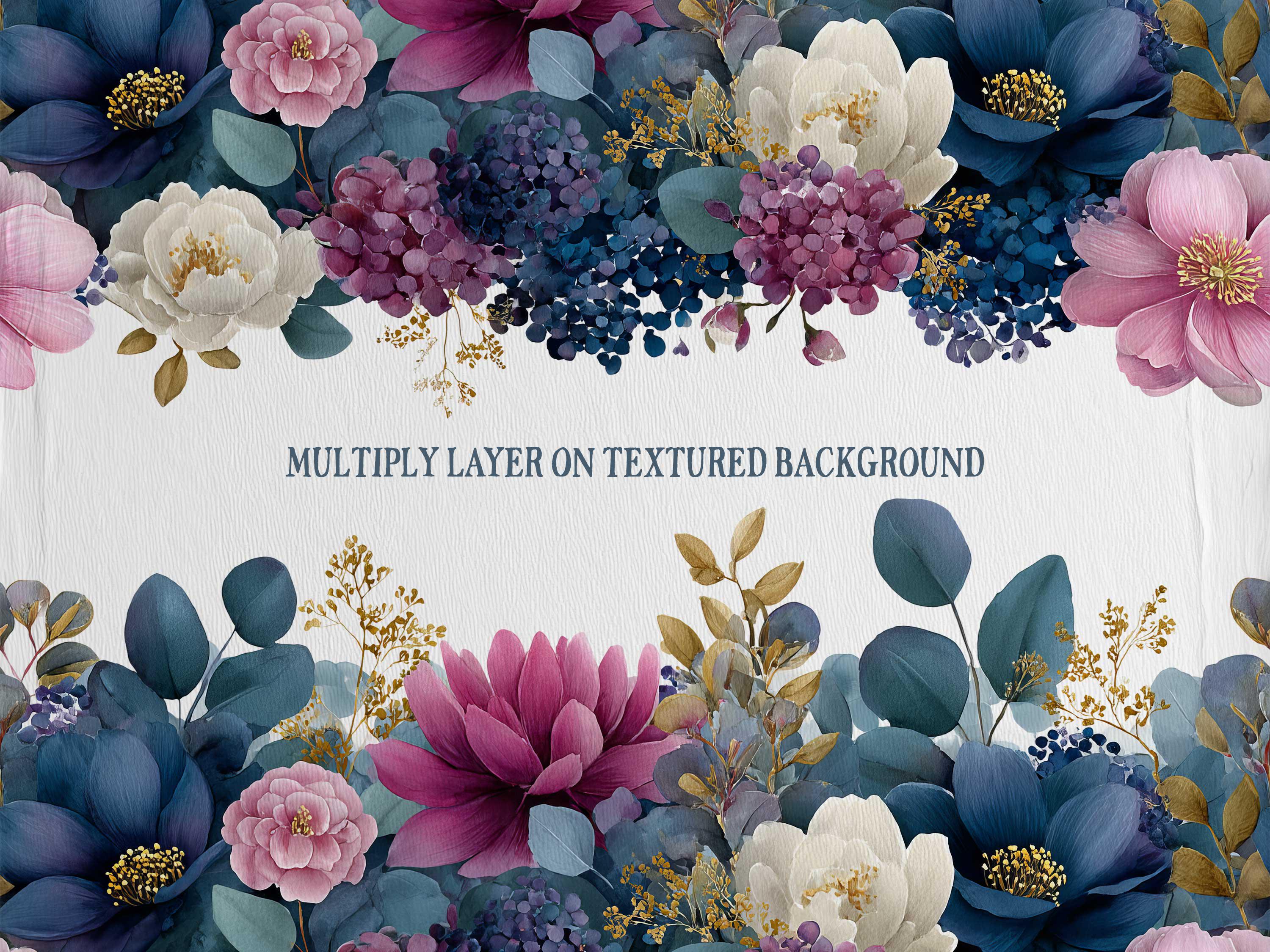 Navy and Plum, Watercolour Seamless Floral Border, Romantic Wedding ...