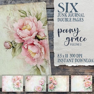 Peony Grace Vol 2, peony junk journal kit, vintage peonies paper pack, printable floral pages, shabby chic ephemera, digital download