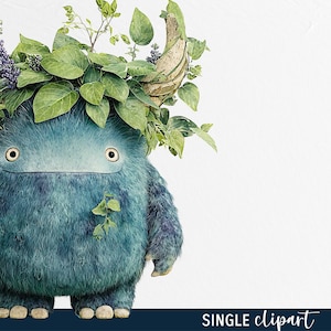 May include: A whimsical illustration of a blue furry creature with large eyes and a gentle expression. It is adorned with a crown of green leaves, purple flowers, and curved horns. The text "SINGLE clipart" is at the bottom.