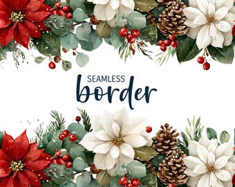 Poinsétias e pinhas, borda floral sem emenda em aquarela, convite de Natal clipart PNG, padrão festivo tradicional, azulejo vintage