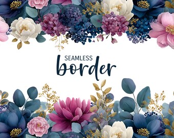 ネイビーとプラム、水彩画のシームレスな花柄ボーダー、ロマンチックな結婚式招待状のクリップアートPNG、青紫ピンクの花柄、植物