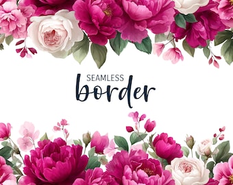 Magenta and blush #2, watercolour seamless floral border, vintage wedding invitation clipart PNG, romantic pink peony rose flower pattern