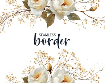 Cream and gold, watercolor seamless floral border, minimalist invitation clipart PNG, white brown rose pattern, botanical illustration tile