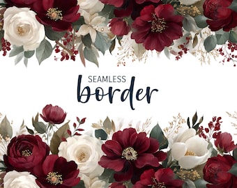 Burgundy and slate, watercolour seamless floral border, vintage wedding invitation clipart PNG, red green flower pattern, botanical tile