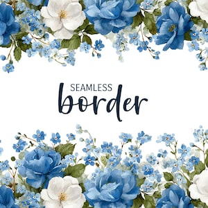 Bordure florale transparente bleu et blanc, aquarelle, clipart d'invitation de mariage rustique PNG, motif de fleurs myosotis, carreau de rose botanique