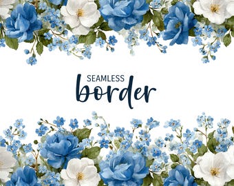 Blue and white, watercolour seamless floral border, rustic wedding invitation clipart PNG, forget-me-not flower pattern, botanical rose tile
