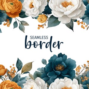 Dark teal and orange, watercolour seamless floral border, romantic wedding invitation clipart PNG, vintage ranunculus pattern, botanical