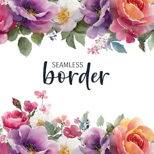 May include: Watercolor floral border design featuring vibrant roses in shades of pink, purple, white, and orange. Green leaves and small pink flowers accent the blooms. The text "SEAMLESS border" is displayed in a dark blue script font.