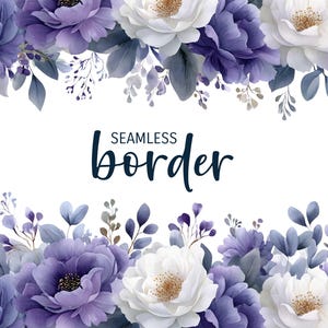 Lila y humo, borde floral sin costuras de acuarela, clipart PNG de invitación de boda, patrón de flores de peonías moradas cottagecore, botánico