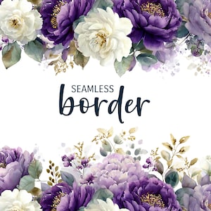 Puede incluir: Un diseño de borde sin costuras con flores de acuarela en tonos morado, lavanda y blanco. El arreglo floral incluye peonías y otras flores con acentos verdes y dorados. El texto "SEAMLESS border" se muestra en una escritura azul oscuro.