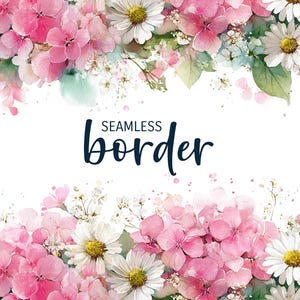 Rosa Hortensien und weiße Gänseblümchen, florale florale Bordüre, romantische Hochzeitseinladung Clipart, rosa weiße Blumenmuster