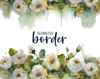 Vintage white and gold, watercolour seamless floral border, luxury invitation clipart PNG, loose flower pattern, botanical illustration tile