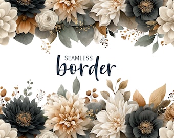 Onyx and pearl, watercolour seamless floral border, neutral wedding invitation clipart PNG, luxury mixed blooms pattern, botanical tile