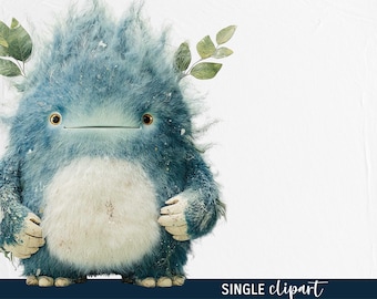 Woodland fantasy creatures, blue moss forest friend, watercolour clipart PNG, whimsical furry illustration, blue white fluffy monster