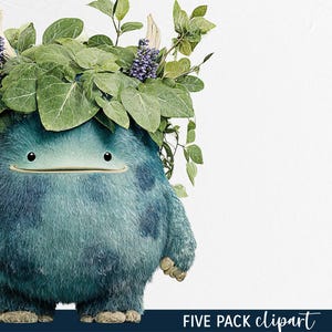 May include: A whimsical, blue furry creature with a leaf and flower crown. The illustration features a smiling monster with a round body and small arms and legs. The text "FIVE PACK clipart" is at the bottom.