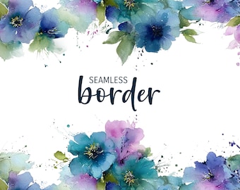 Teal and pink #1, watercolour seamless floral border, romantic invitation clipart PNG, loose flower pattern, botanical illustration tile