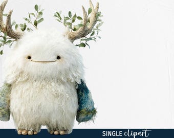 Woodland fantasy creatures, Nordic forest yeti, watercolour clipart PNG, whimsical furry winter illustration, white snowbeast creature