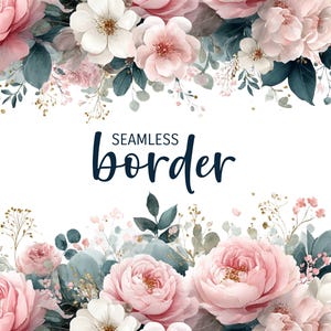 Bleu marine et rose poudré, bordure florale transparente aquarelle, clipart d'invitation de mariage PNG, motif de fleurs roses roses bleues de style vintage, botanique